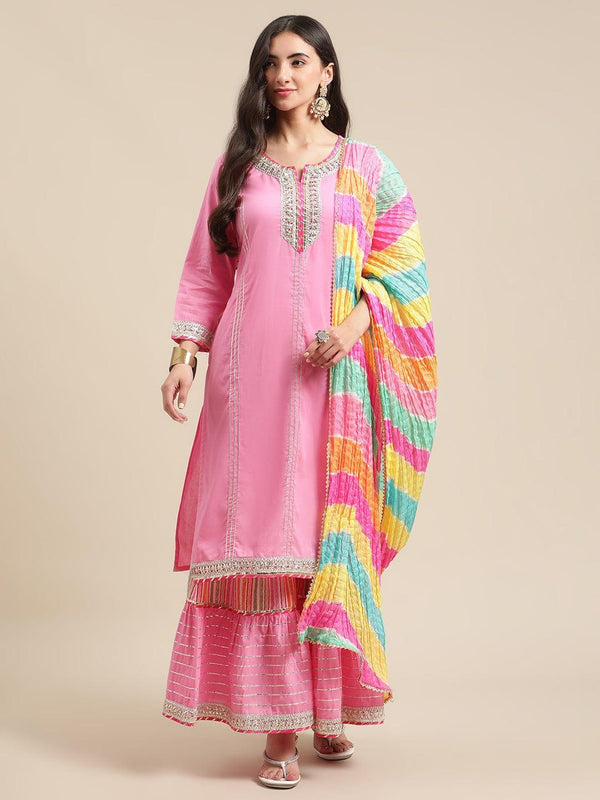 Pink Kurta Sharara Set With Leheriya Dupatta,Heavy Gota Lace Embellishment - Indiakreations