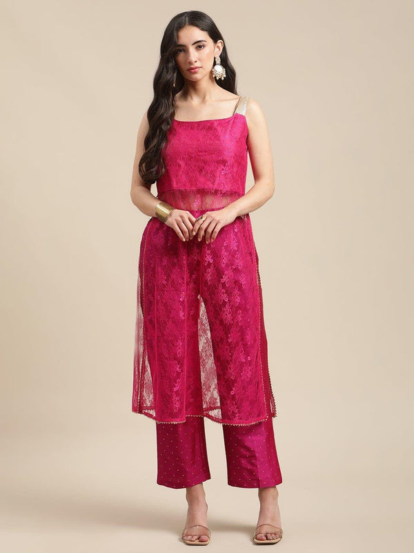 Magenta Sweatheart Neckline Shape Net Strap Straight Kurta With Flared Sharara - Indiakreations