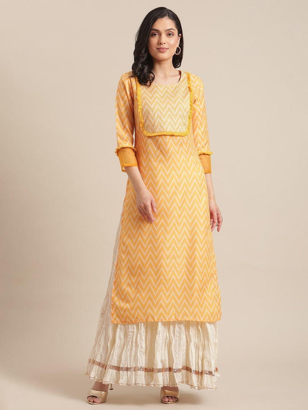 Yellow And White Digital Printed Straight Kurta With Zari Highlighted Yoke And 3/4Th Sleeves - Indiakreations