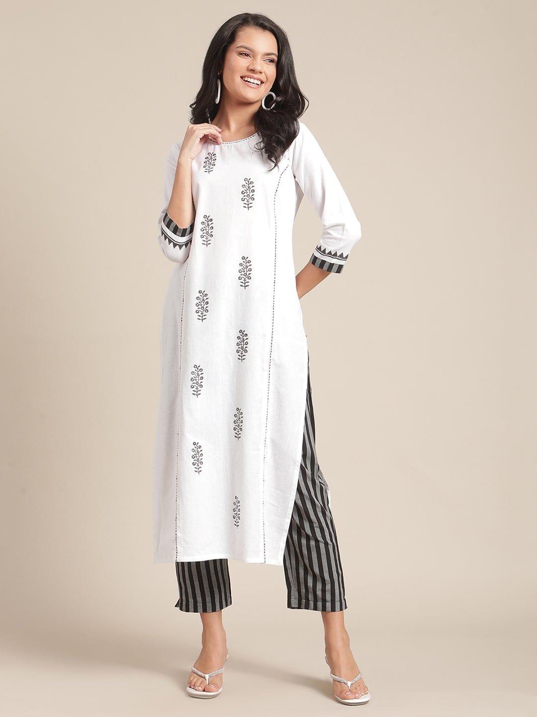 KSUT White & Black Ethnic Motifs Block Printed & Kantha Work Kurta with Trousers - Indiakreations