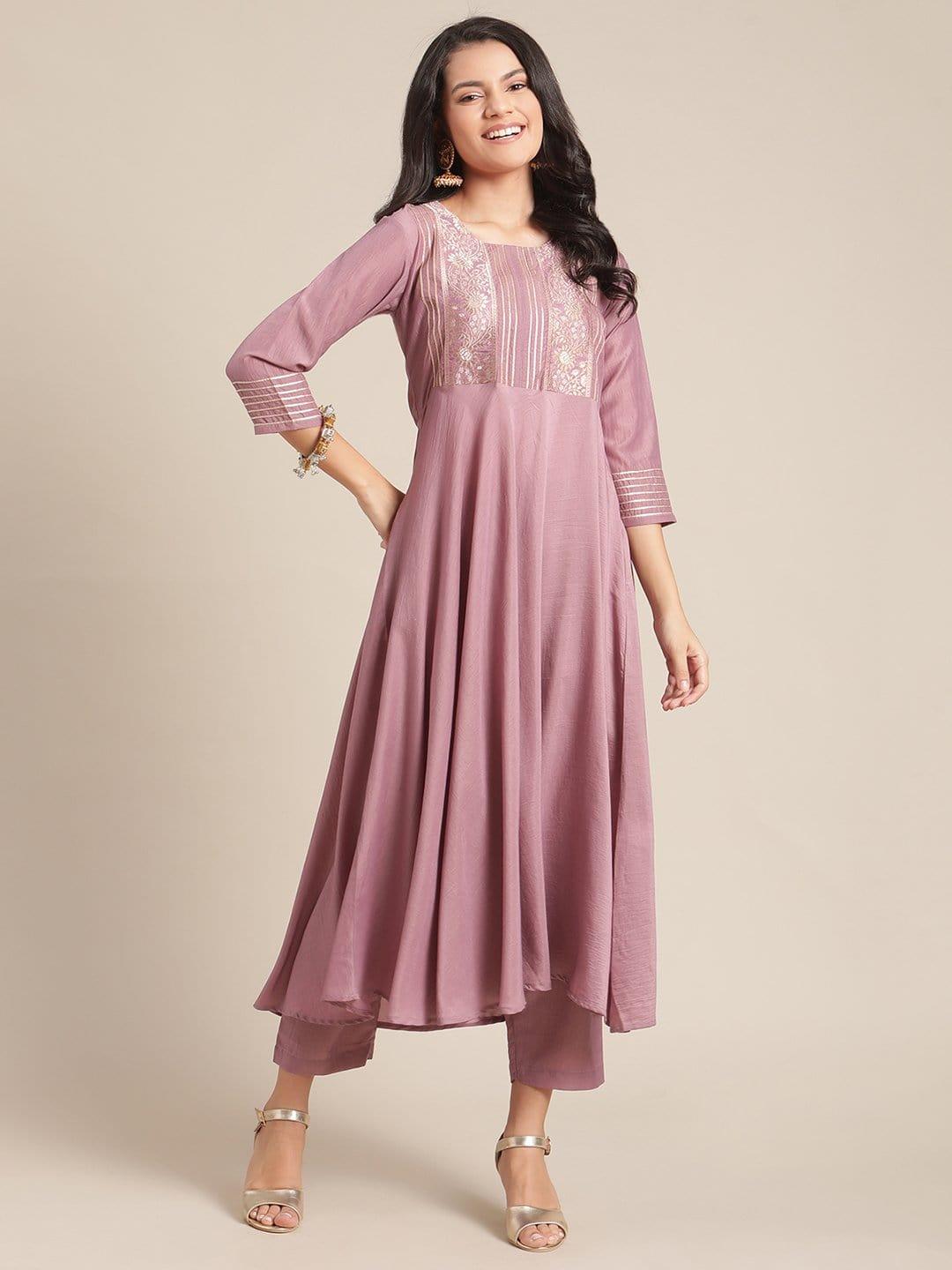 Mauve Flared Anarkali Kurta And Embellished With Brocade And Gota Patch And Paired With Trouser - Indiakreations