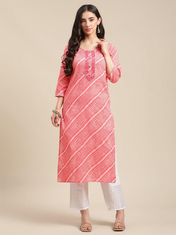 Peach And White Leheriya Striped Kurta With Gota And Thread Embroidery On Yoke - Indiakreations