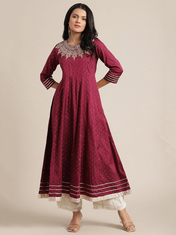 Women's Burgundy Anarkali Kurta With Zari Embroidery On Yoke And Embellished Sleeves - Varanga