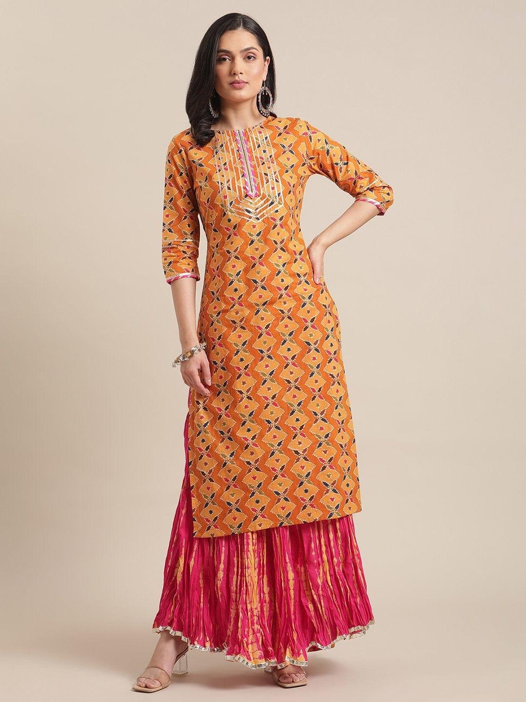 Mustard Abstract Printed Kurta With Gota Lace Embellished Yoke - Indiakreations