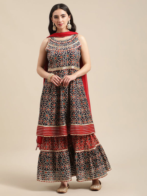 Women's Blue And Maroon Patola Printed Panelled Kurta Sharara Set With Chiffon Dupatta - Varanga