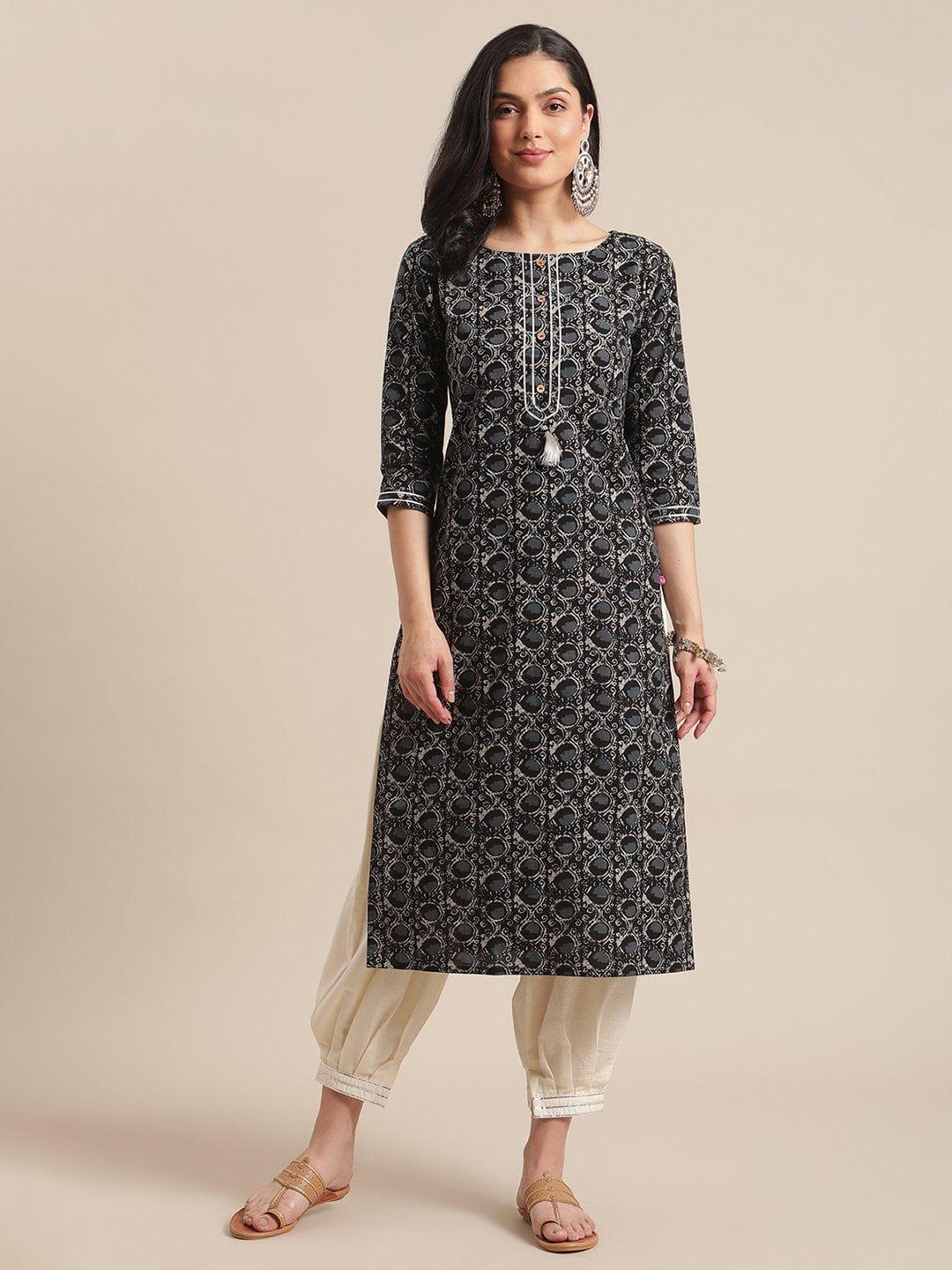 Black And Beige Abstract Printed Kurta With Gota Embellishment On Yoke - Indiakreations