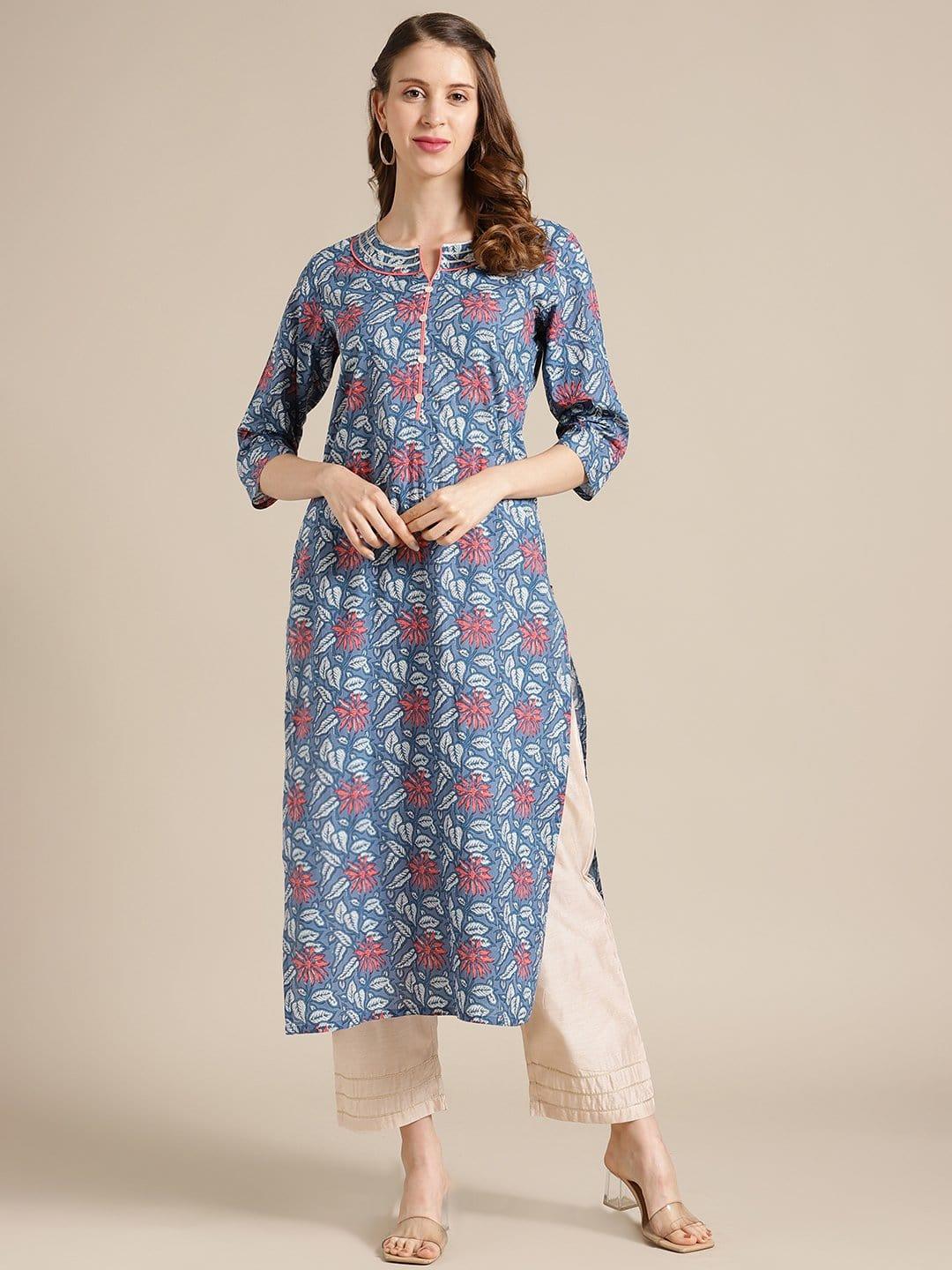 KSUT Blue And Pink Floral Printed Kurta With 3/4Th Sleeves - Indiakreations