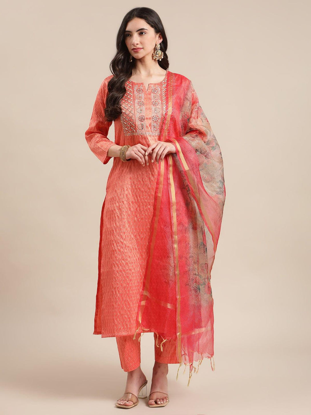 Coral Gota Patti Embroidery Kurta Trouser Set With Floral Printed Dupatta - Indiakreations