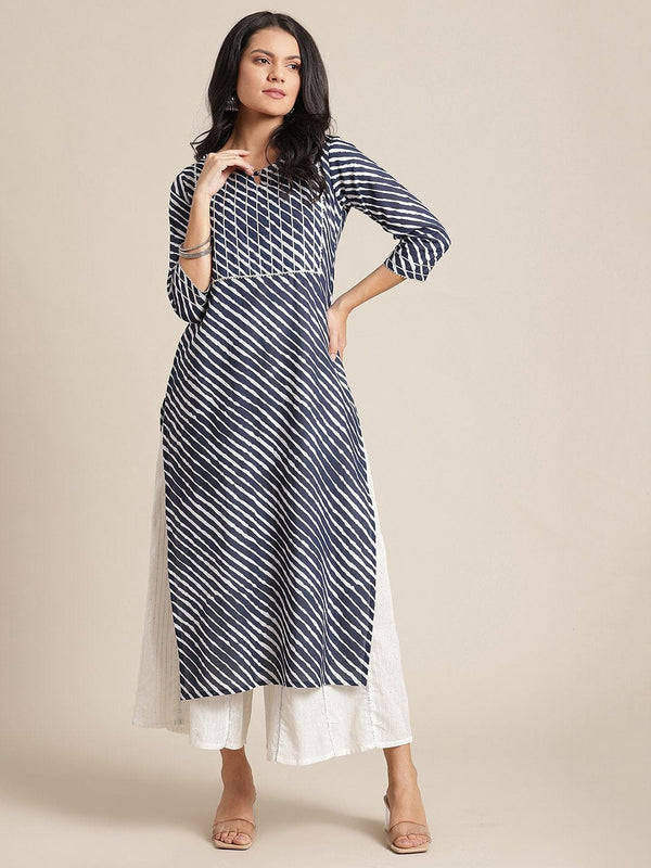 Women's Navy Blue Leheriya Printed Kurta With Gota Embellished  Yoke And Sleeves - Varanga