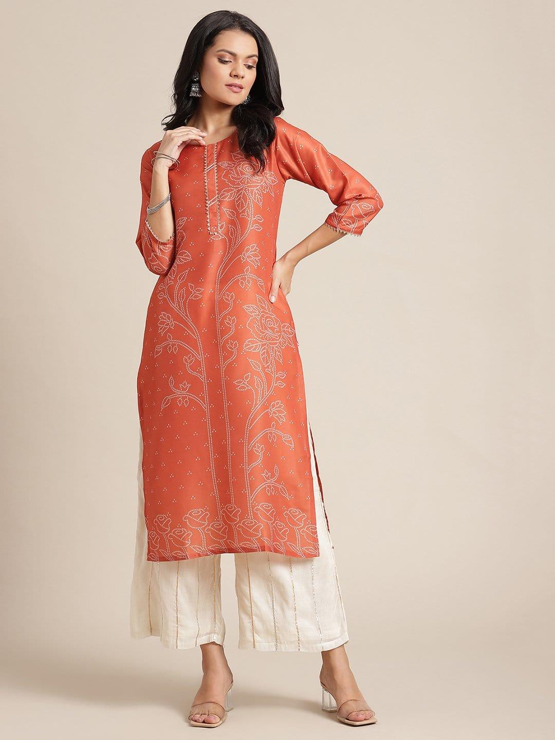 Orange And Off White Bandhani Print Kurta With Gota Embellishment On Yoke And Sleeves - Indiakreations