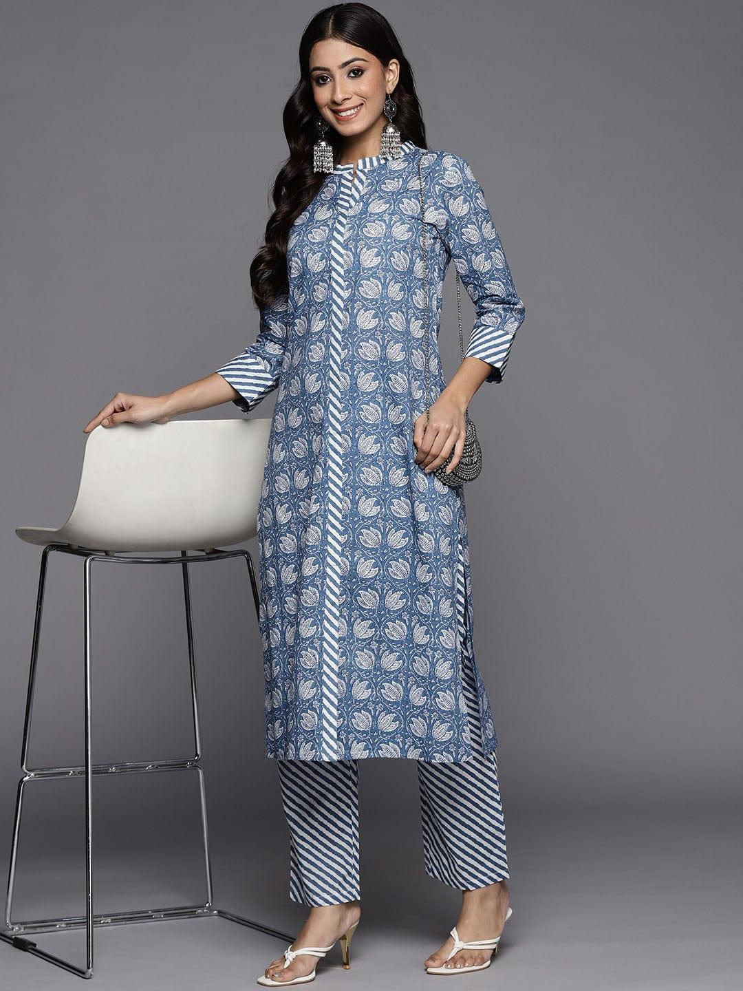 Varanga Women Blue Ethnic Motifs Printed Pure Cotton Kurta with Trousers - Indiakreations