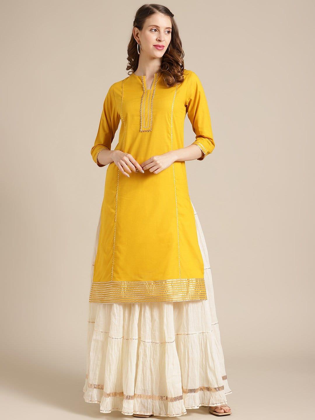 Mustard-Gota-Work-Kurta-With-Mulmul-Gota-Embellished-Tiered-Skirt - Indiakreations