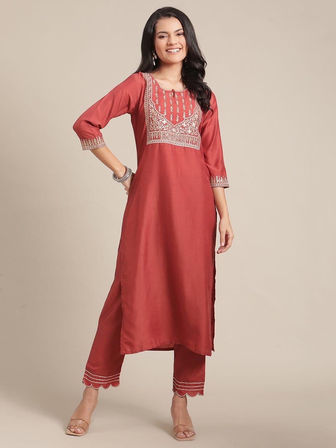 Rust Color Round Neckline Embroidred Straight Kurta With Emroidered Bottom - Indiakreations