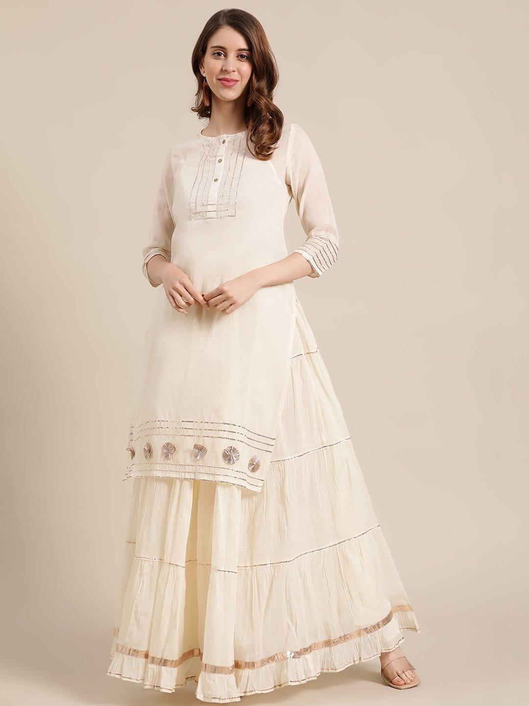 Off White Kora Gota Embellished Short Kurta With Off White Gota Skirt - Indiakreations