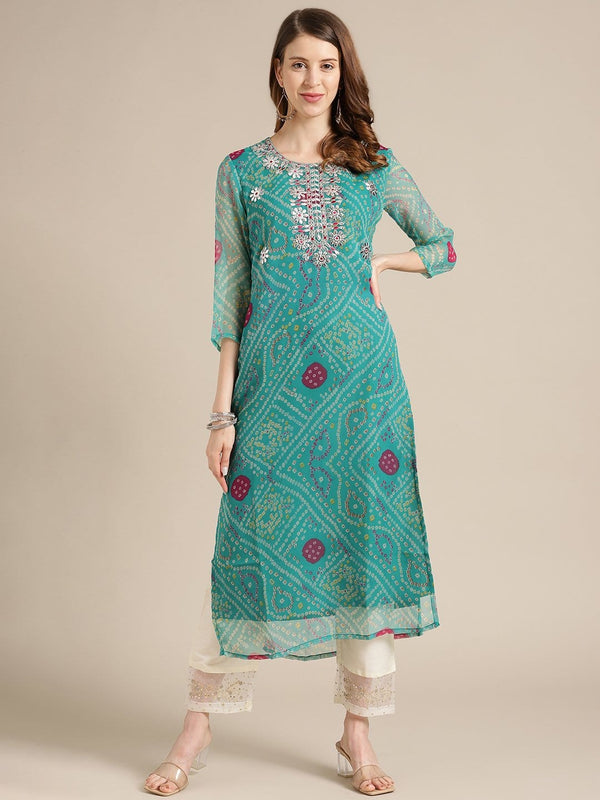 Women's Turquoise Blue And Pink Gota Patti Embroidery Embellished Kurta - Varanga