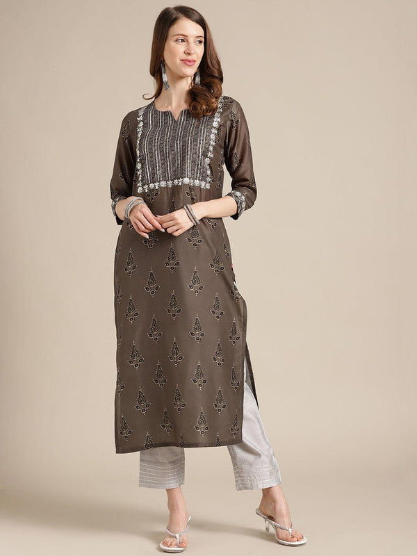 Olive Printed Kurta With Gota Embellishment On Yoke - Indiakreations