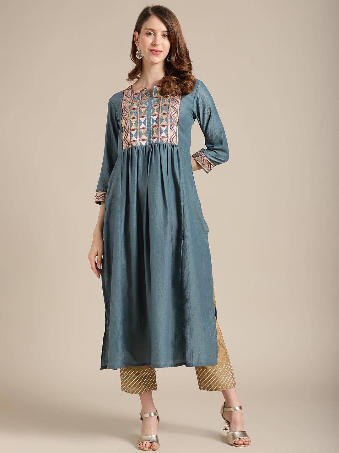 Teal Flared Round Neck Kurta With Embroidery And Gotta Patti - Indiakreations