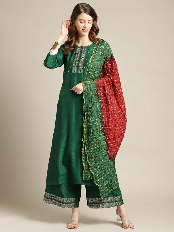 Bottle Green Sequins Work Embellished Kurta Palazzo Set With Maroon And Green Bandhej Dupatta - Indiakreations