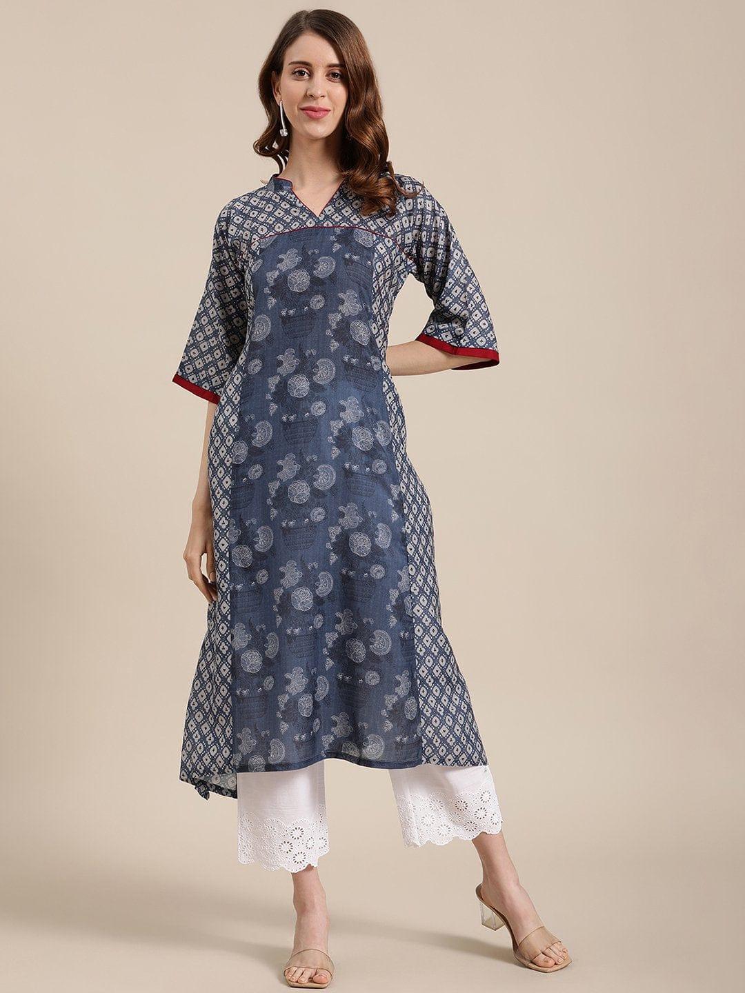 Indigo And Beige printed panelled kurta with scalloped shifflie palazzo - Indiakreations