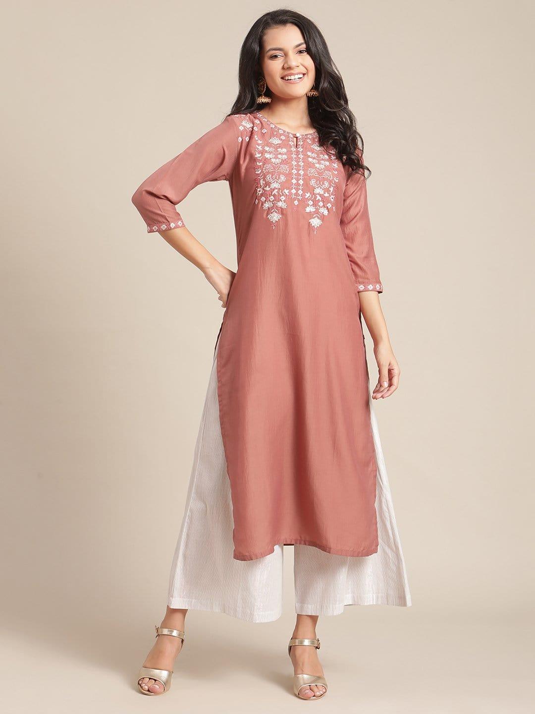 Coral Embroidred Straight Kurta With Round Neckline And Regular Sleeve - Indiakreations