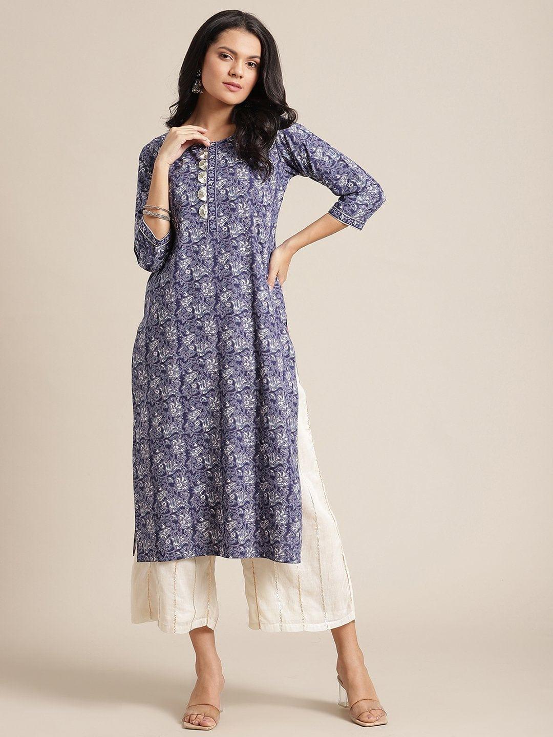 Floral Blue And White Printed Kurta With Gota Fan Work On Yoke And Gota Work On Sleeves - Indiakreations