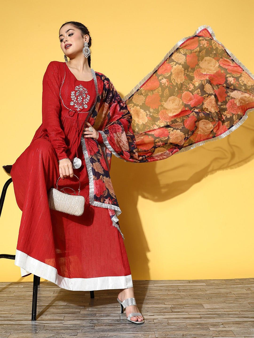 Varanga Women Red & Silver-Toned Embroidered Quirky Kurta - Indiakreations