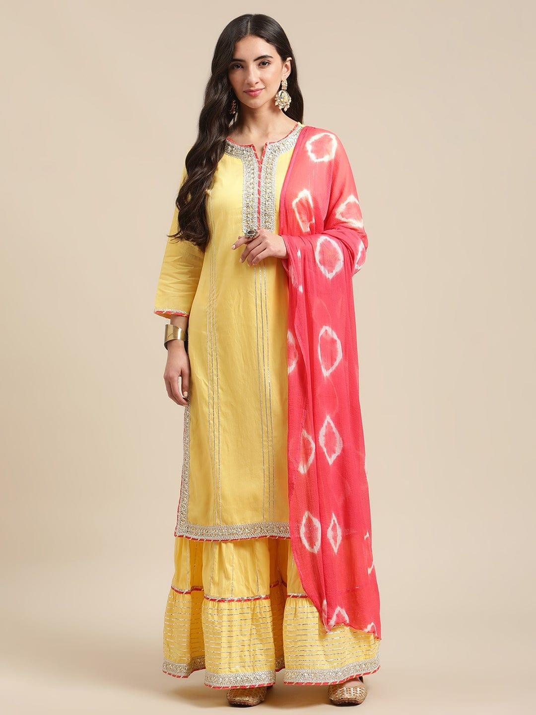 Yellow Heavy Gota Lace Embellished Kurta Sharara Set With Shibhori Dupatta - Indiakreations