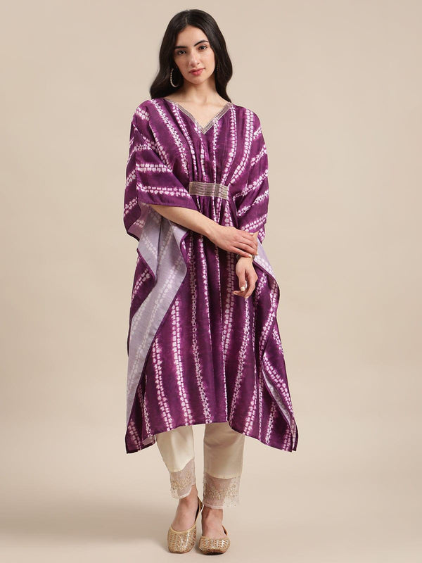 Purple And White Printed V- Neck Lace Embellished Kaftan - Indiakreations