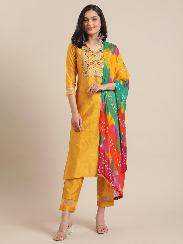 Mustard Floral Embroidery Kurta With Organza Bottom And Multi Color Bandhej Dupatta - Indiakreations