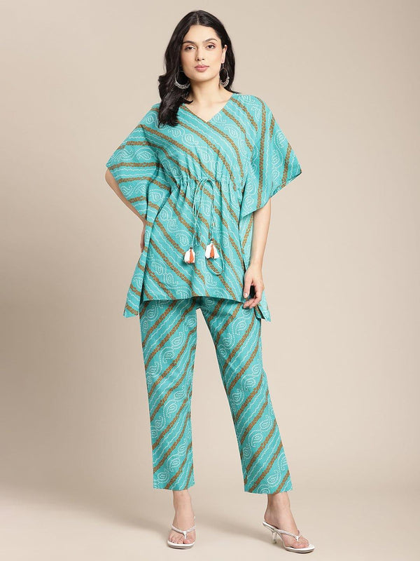 Turquoise Bandhani Printed Kaftaan With Straight Pants - Indiakreations