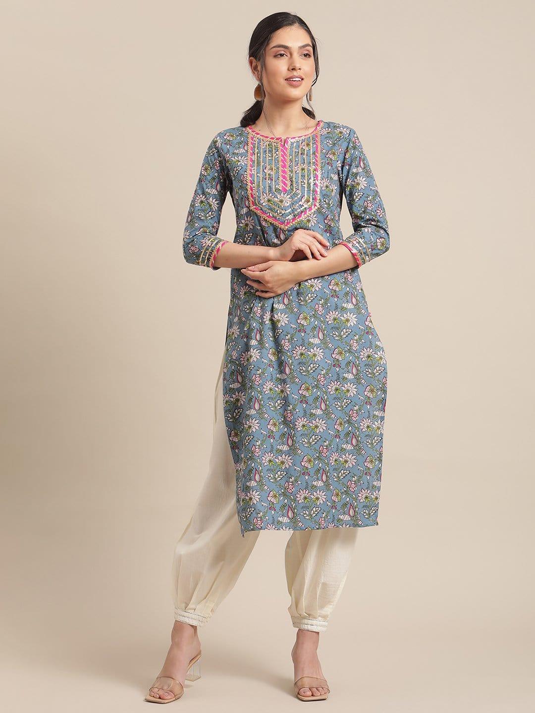 Blue And Green Floral Printed Gota Work Straight Kurta With 3/4Th Sleeves - Indiakreations