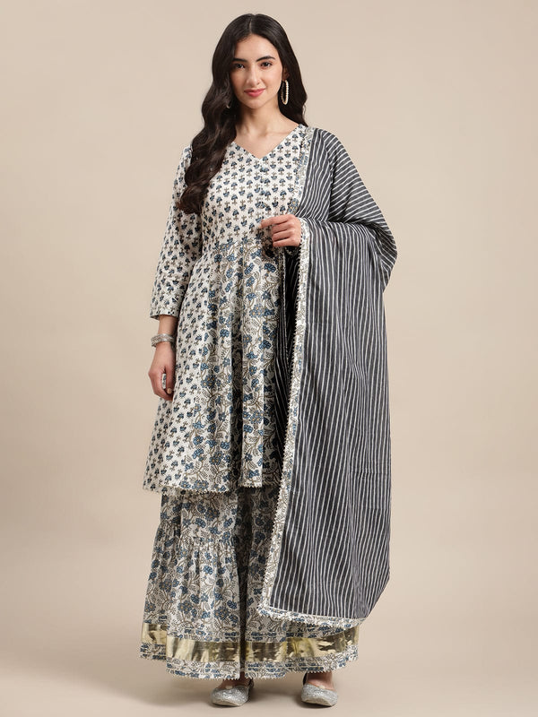 Women's White And Blue Floral Printed Anraklai Kurta Sharara Set With Stripe Dupatta - Varanga