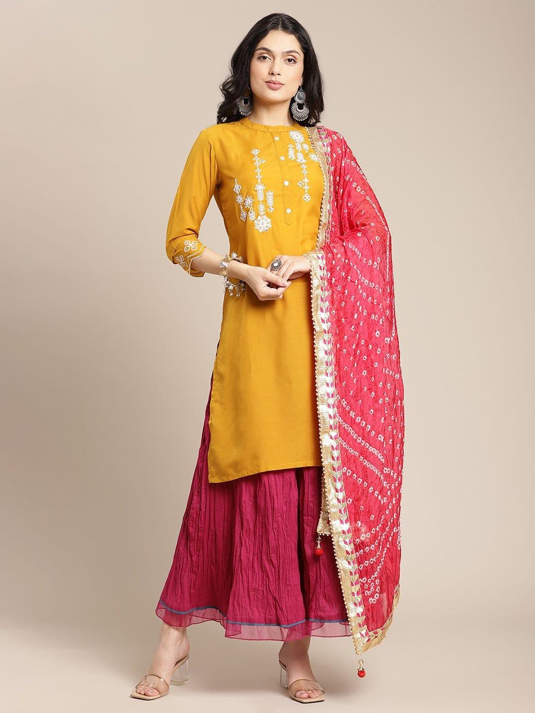 Mustard Dori Embroidery Kurta With Pink Flared Palazzo And Bandhej Tye & Dye Dupatta - Indiakreations