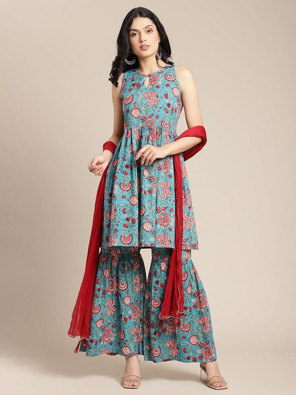 Blue And Red Floral Printed Flared Sleeveless Kurta Paired With Sharara And D Dupatta - Indiakreations