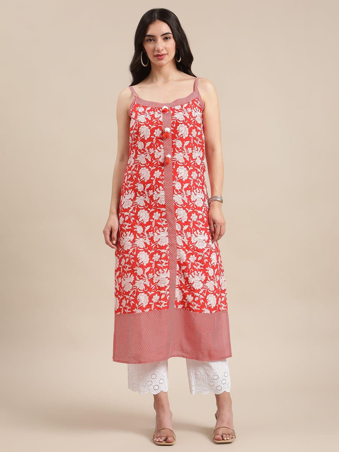 Orange And White Floral Printed Straight Kurta With Pom Pom Embellishment - Indiakreations