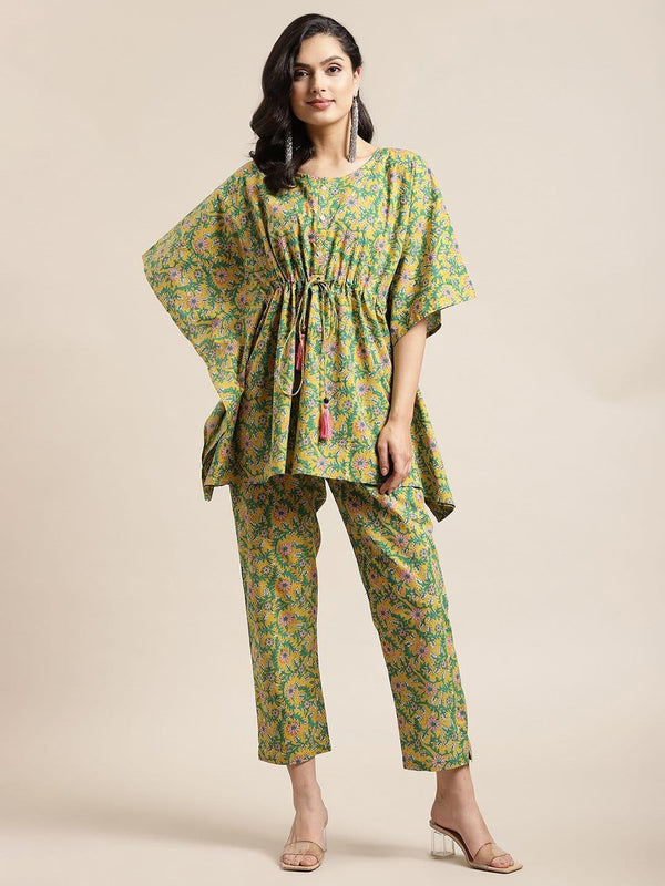 Mustard Floral Printed Kaftan Trouser Set - Indiakreations