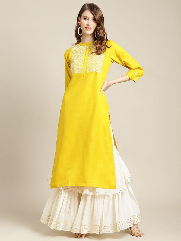 Mustard Thread Embroidery Kurta With 3/4Th Sleeves - Indiakreations