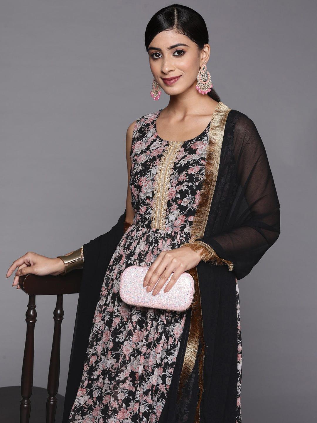 Varanga Women Black Floral Printed Empire Kurta with Sharara & With Dupatta - Indiakreations