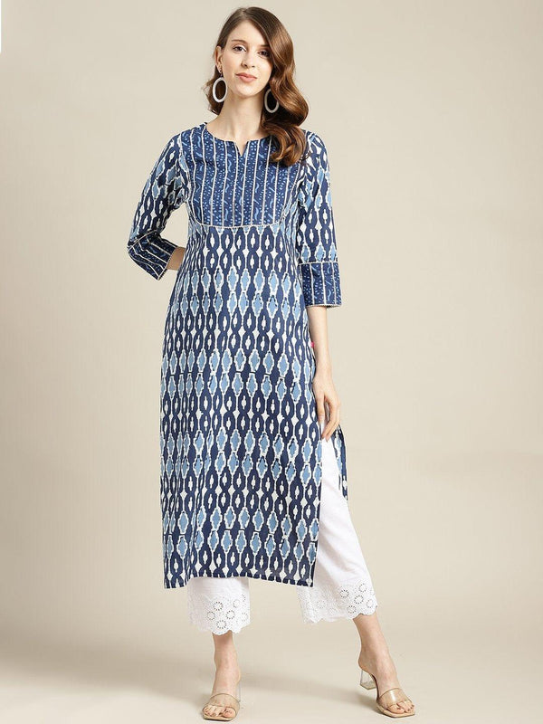 Blue And White Indigo Straight Kurta With Highlighted Yoke And Having Round Neck And 3/4Th Sleeves - Indiakreations