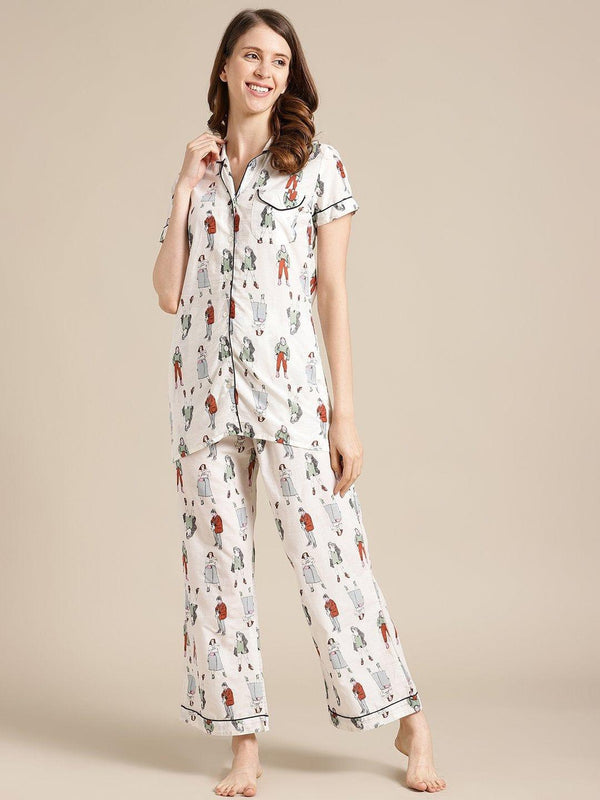 Off White Quirky Printed Launge Wear Set - Indiakreations