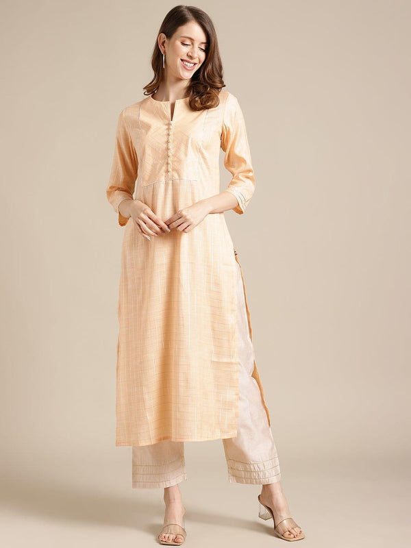 KSUT Peach And Silver Gota Work Straight Kurta With 3/4Th Sleeves - Indiakreations