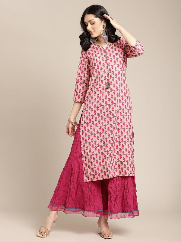 Women's Pink Floral Printed Kurta With Hanwork Detailing On Yoke - Varanga