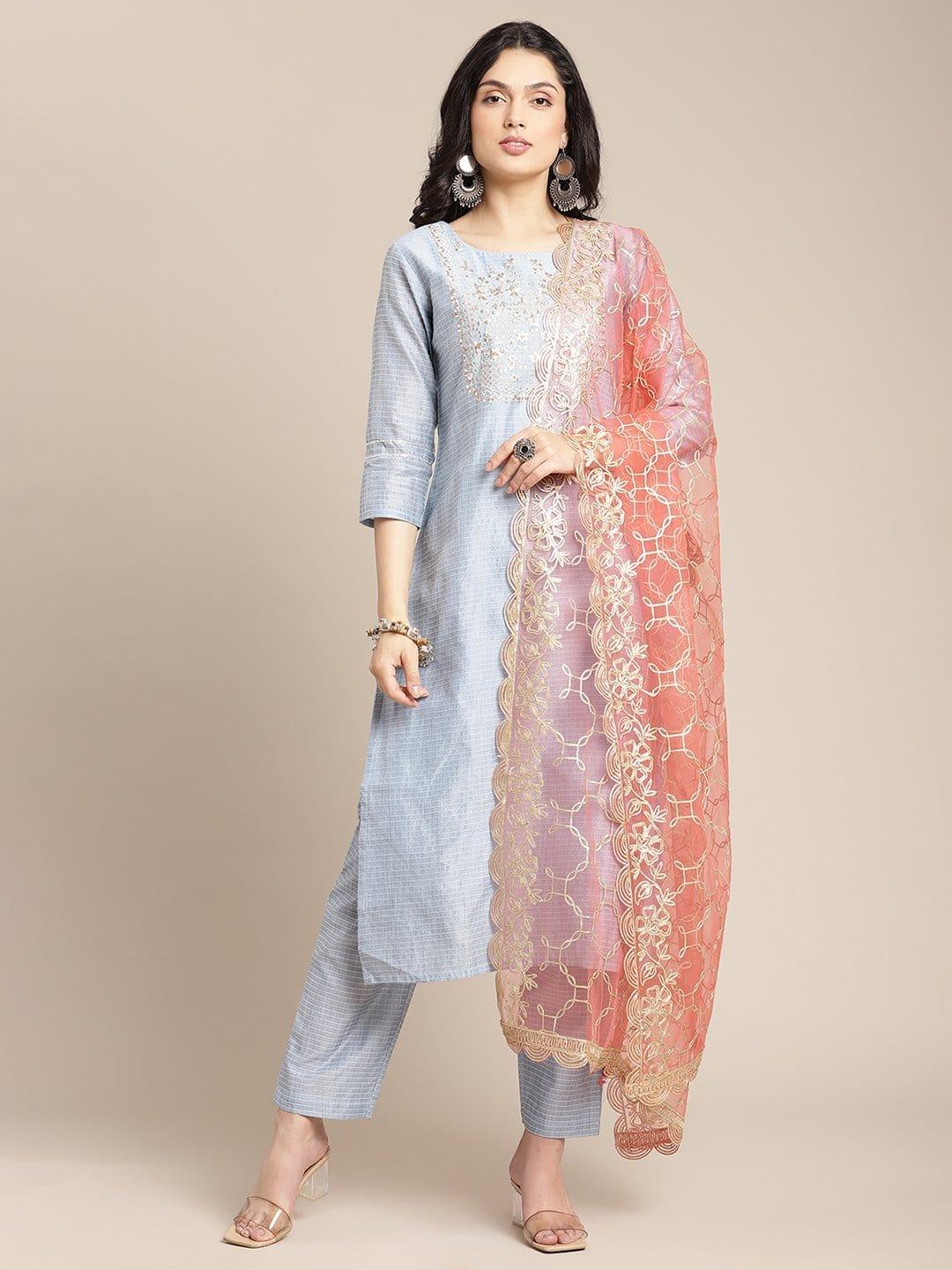 Powder Blue Zari Embroidery Kurta Trouser Set With Peach Heavy Gota Work Dupatta - Indiakreations