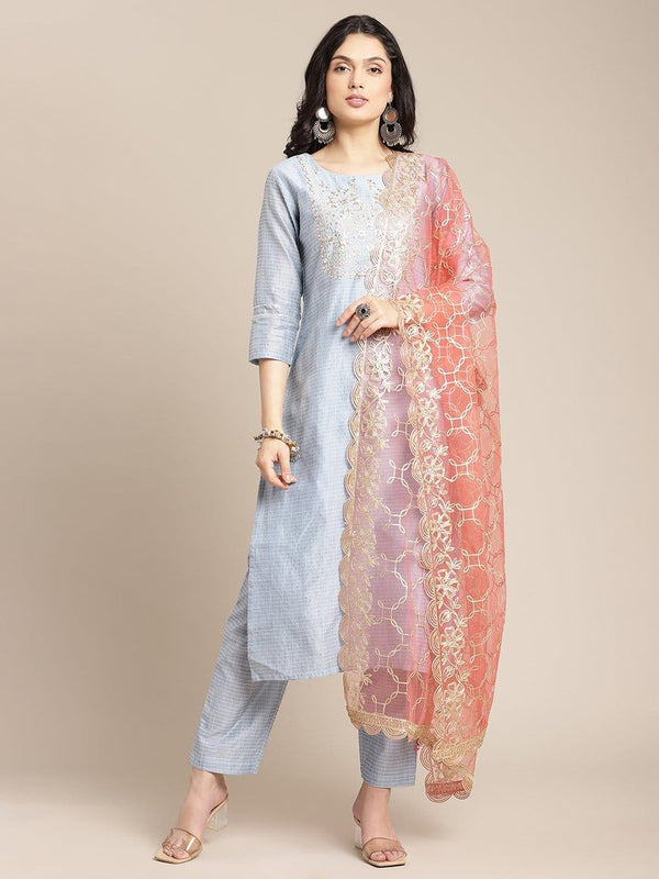 Powder Blue Zari Embroidery Kurta Trouser Set With Peach Heavy Gota Work Dupatta - Indiakreations