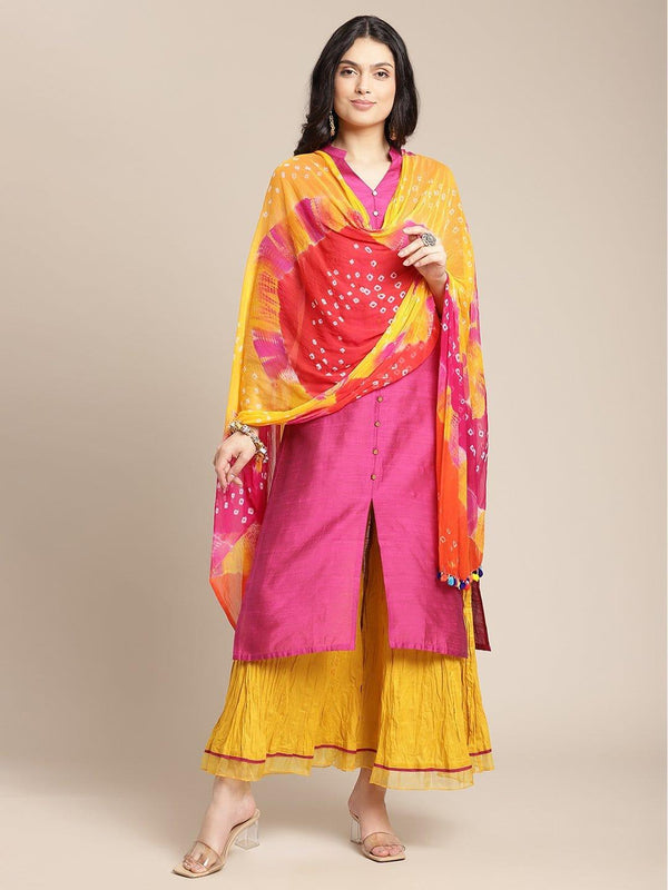 Fuchsia Silk Kurta With Mustard Flared Palazzo And Multi Color Bandhej Dupatta - Indiakreations