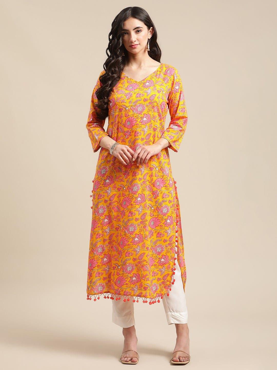 Mustard Floral Printed Kurta With Pom Pom Lace Embellishments On Hemlines - Indiakreations