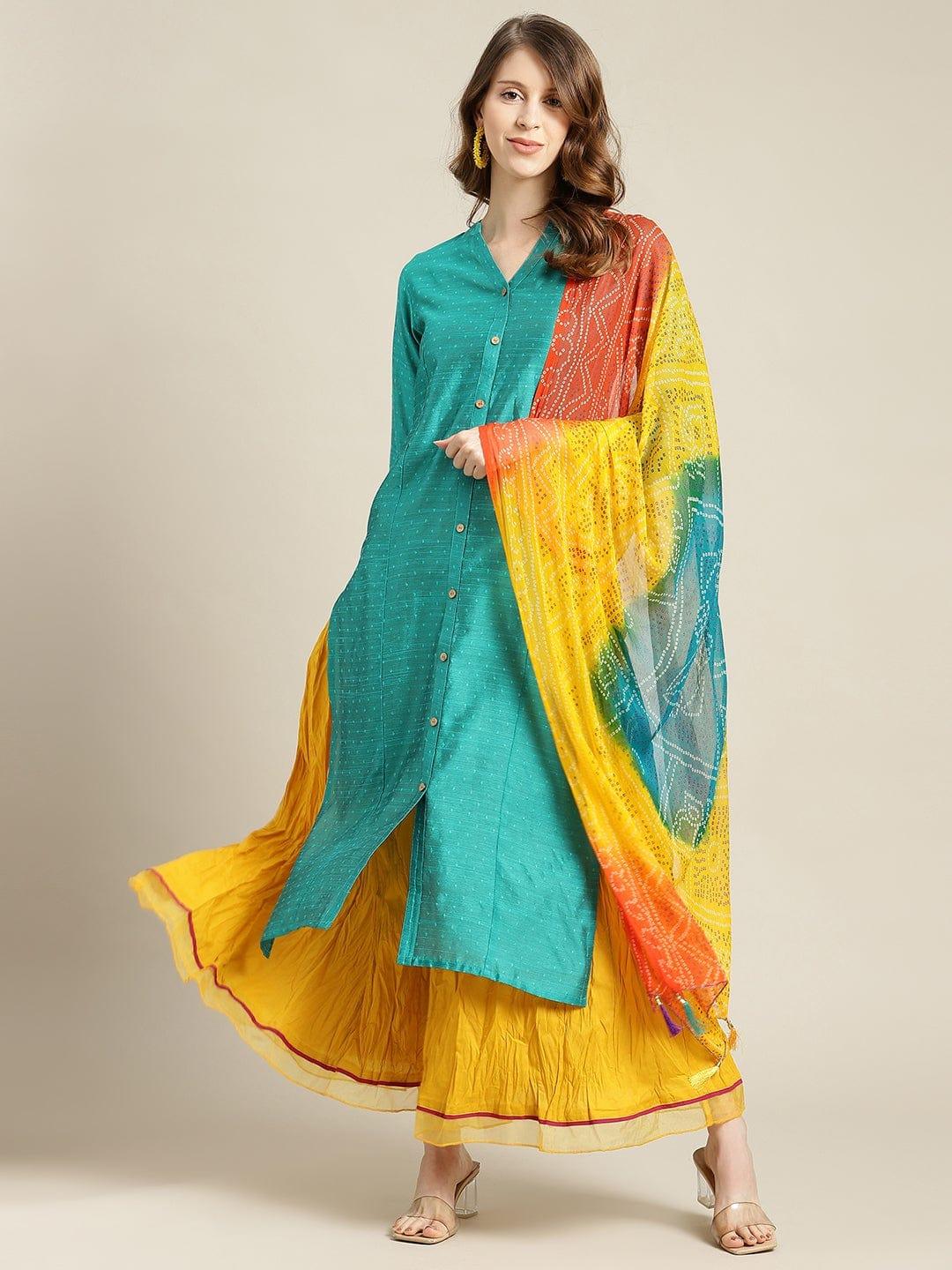 KSUT Turquoise Blue & Mustard Yellow Kurta With Palazzos & Dupatta - Indiakreations