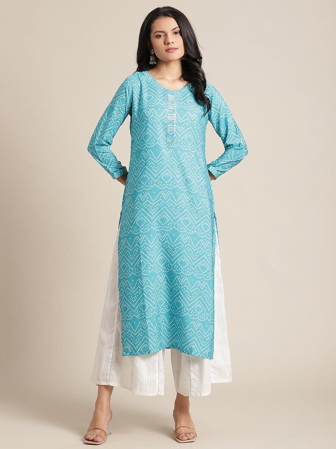 Turquoise Blue Bandhani Printed Kurta With Gota Embellished Yoke And Sleeves - Indiakreations