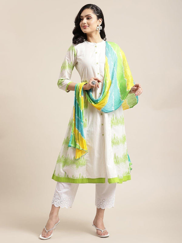 KSUT Off White Colourblocked Pleated Pure Cotton Kurta with Trousers & With Dupatta - Indiakreations