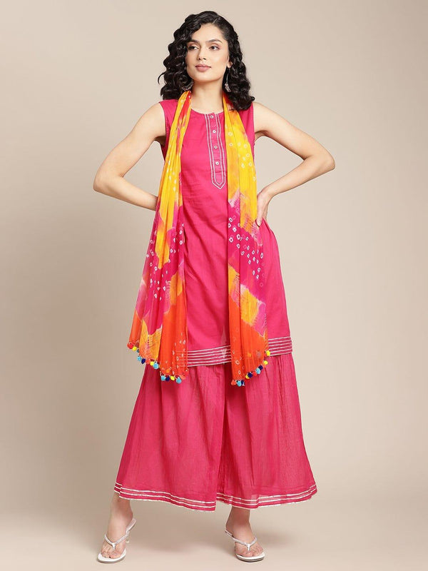 Fuchsia Gota Embellished Kurta With Gota Work Palazzo And Bandhej Dupatta - Indiakreations